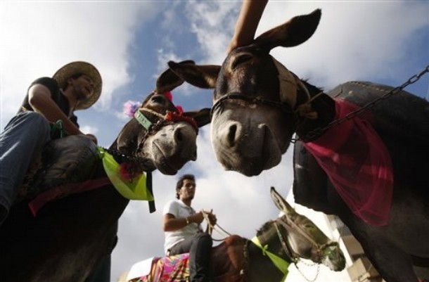 Competitors ride donkeys during an annual race held in the southern village of Roum, Lebanon, Sunday, Sept. 12, 2010.